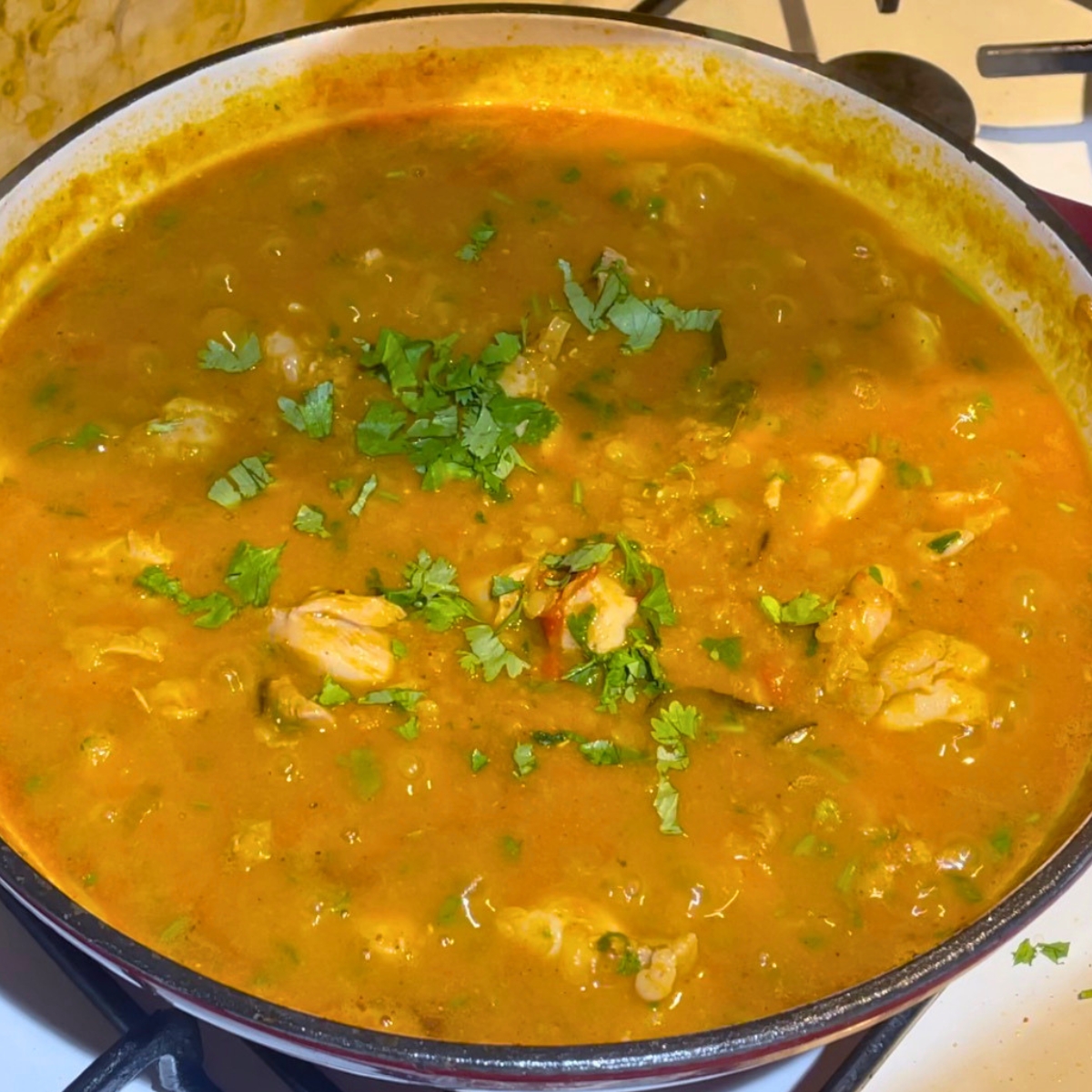 A curry with chicken and skillet.
