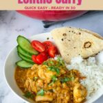 Pinterest image for Chicken and lentils curry recipe.