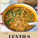 Pinterest image for Chicken and lentils curry recipe.