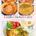 Pinterest image for Chicken and lentils curry recipe.