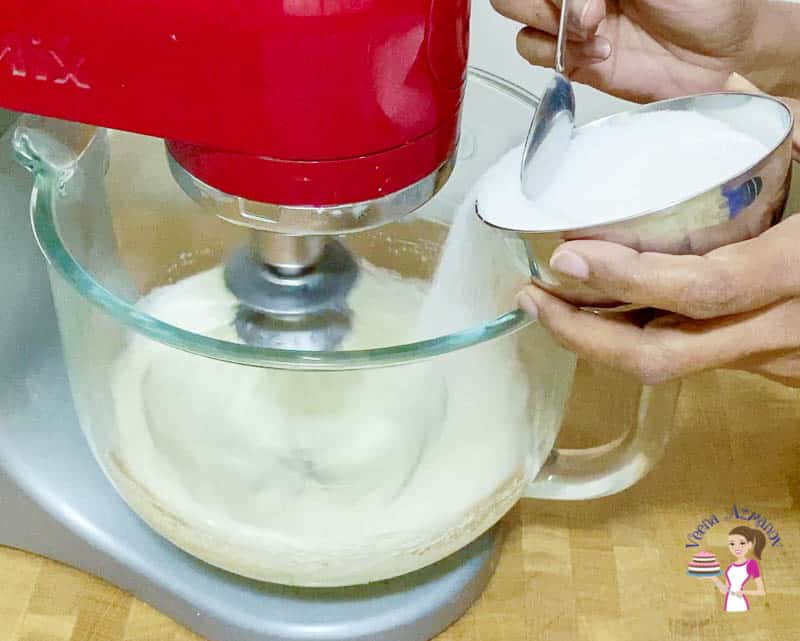 Add the sugar gradually to the meringue