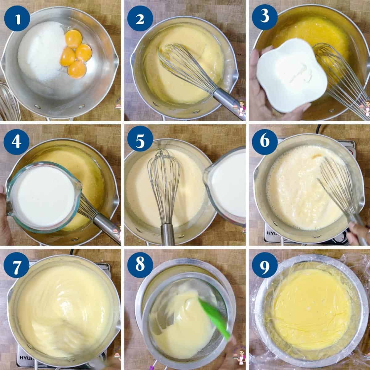 Progress pictures collage making the pastry cream.