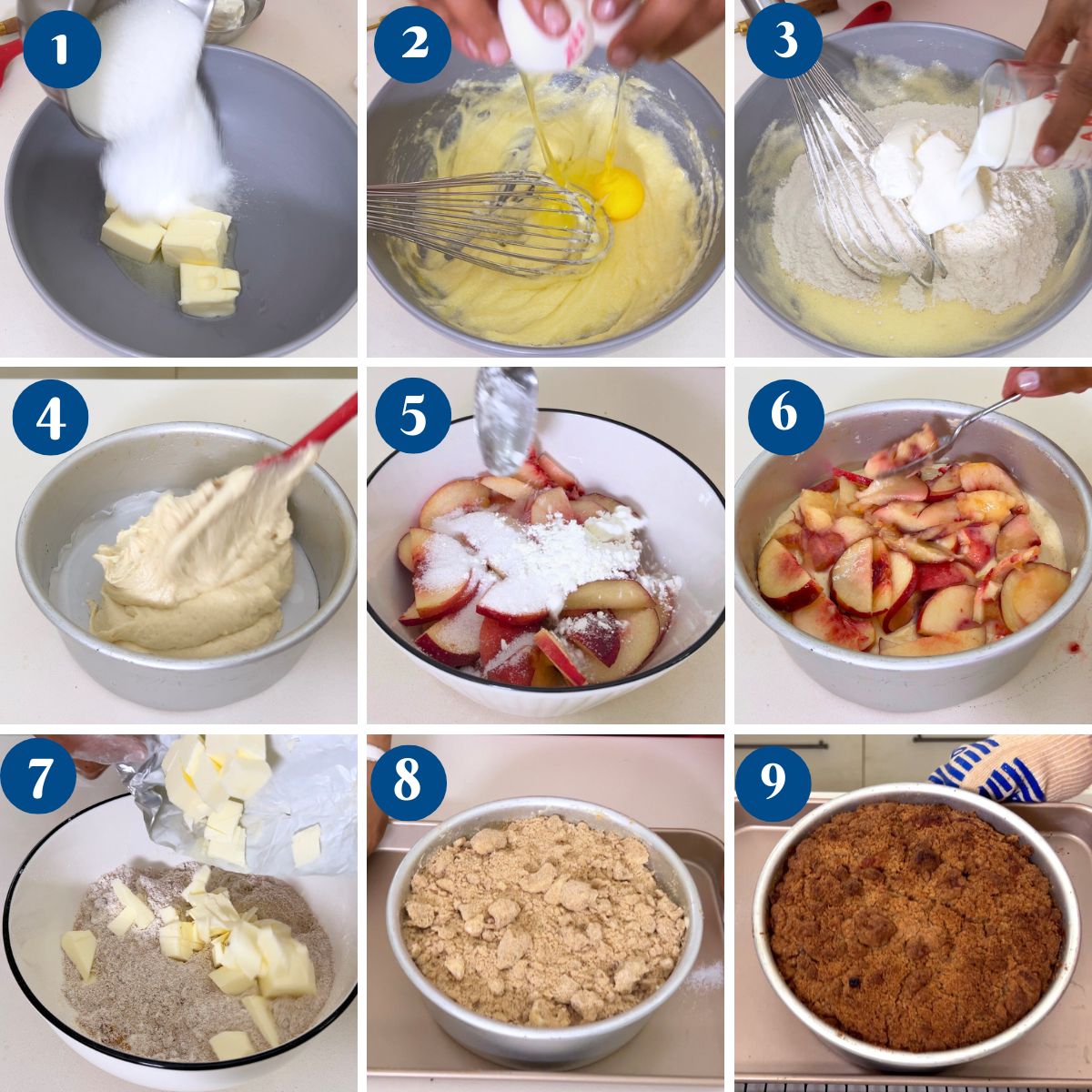 Progress pictures making peach coffee cake with crumbs.
