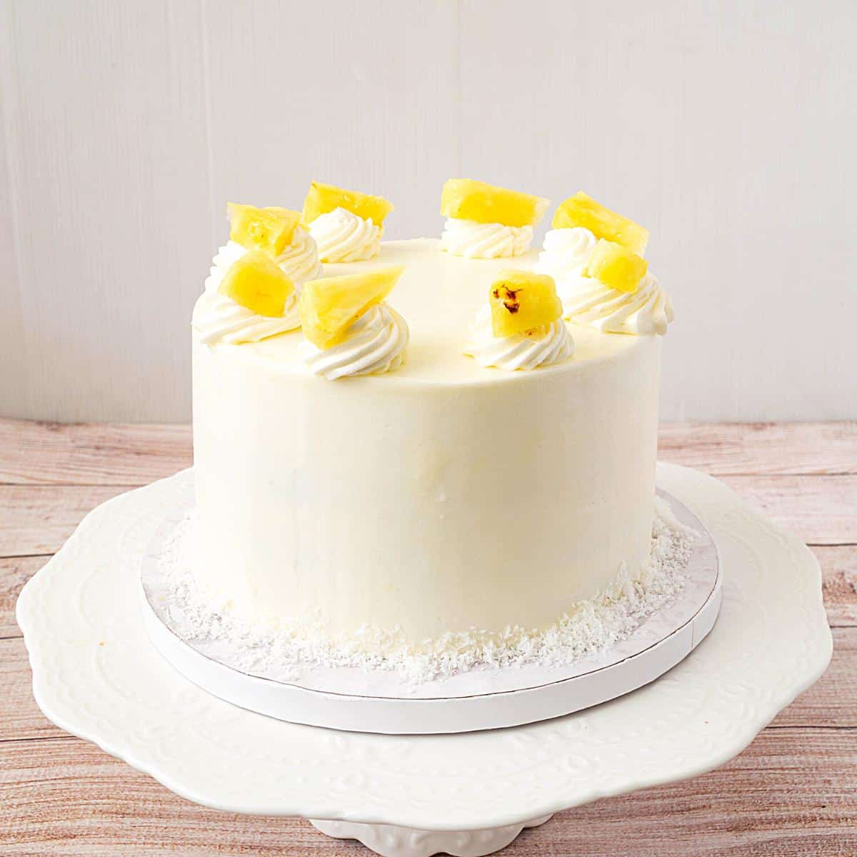 A frosted pina colada cake.