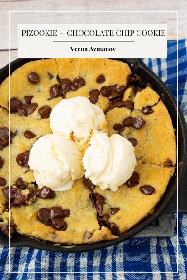 Pinterest image for Pizookie - skillet chocolate chip cookie.