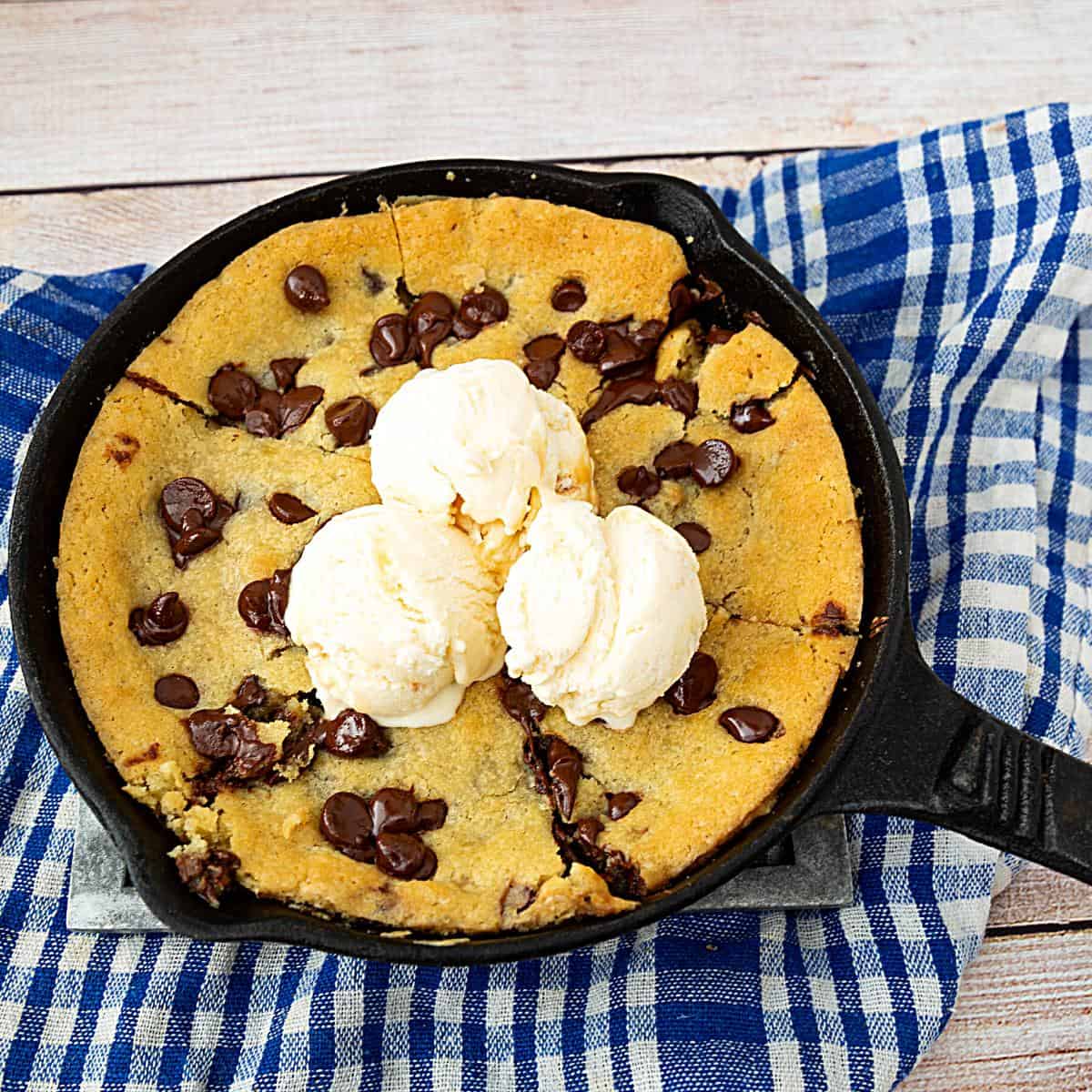 Skillet with cookie and ice cream.