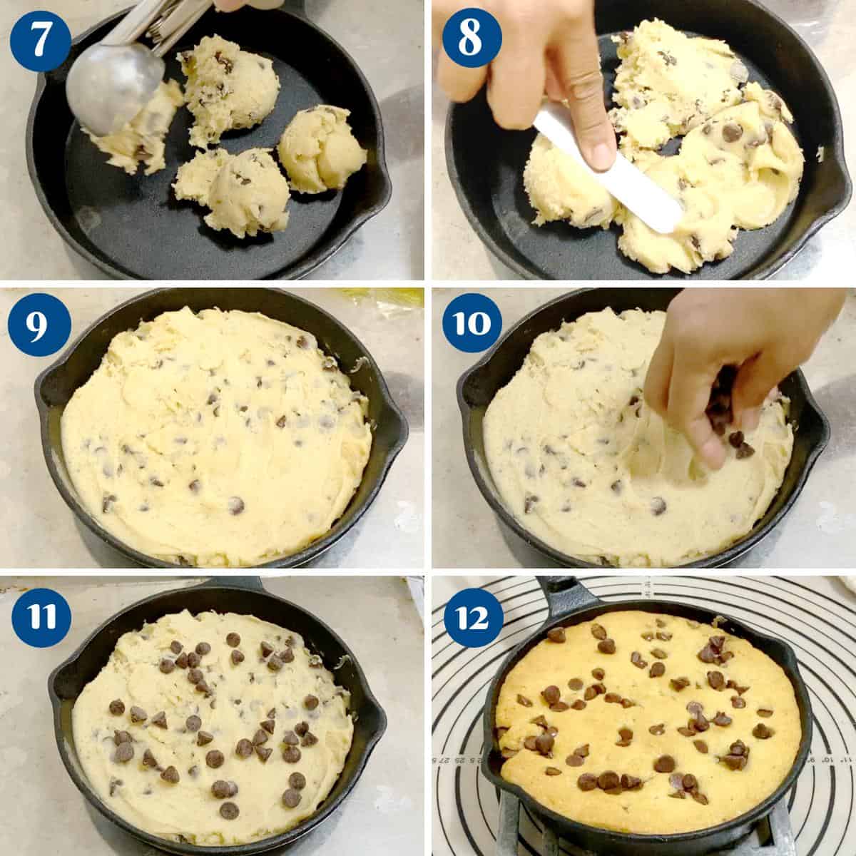 Progress pictures - making a giant chocolate chip cookie in a skillet.