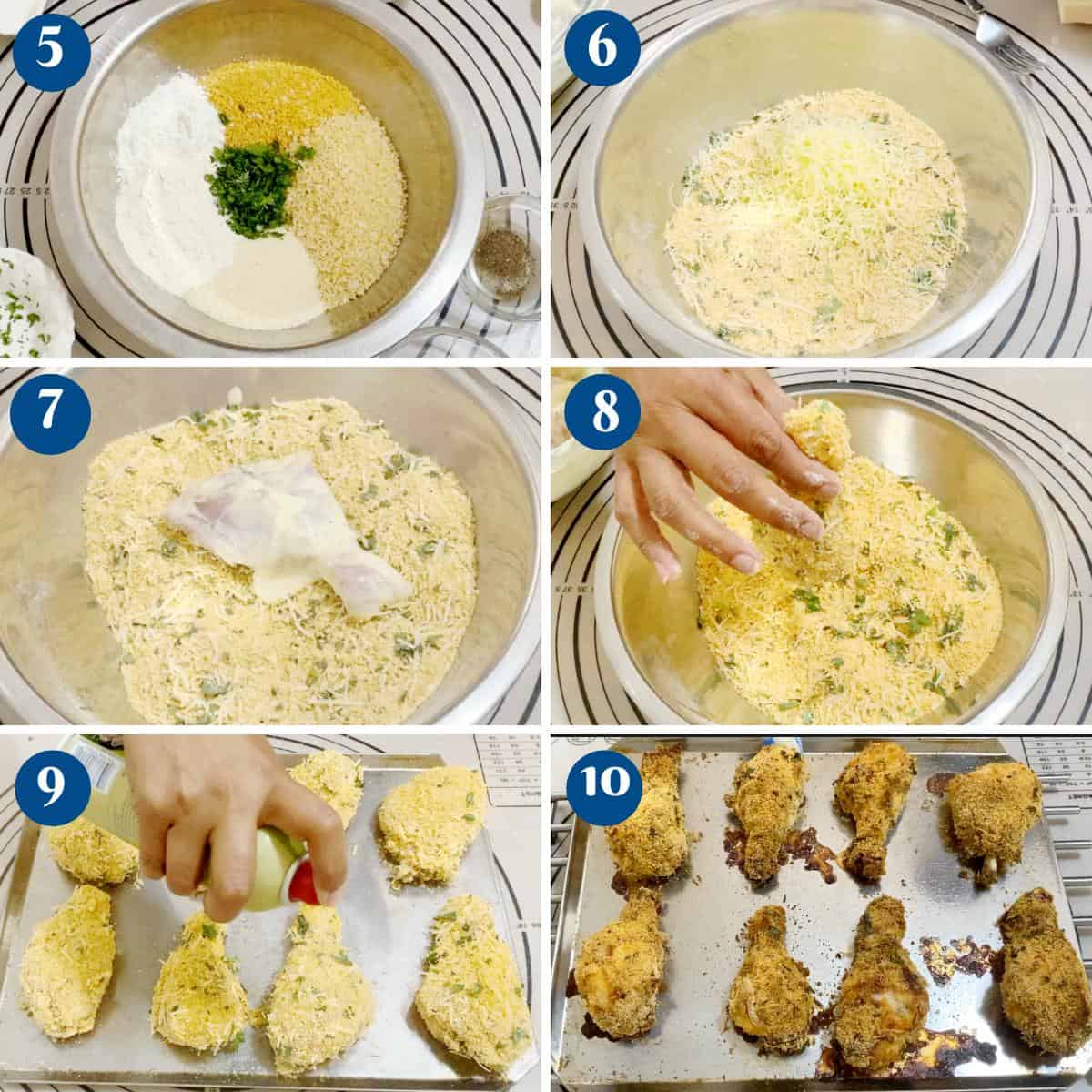 Progress pictures for baking crispy chicken.