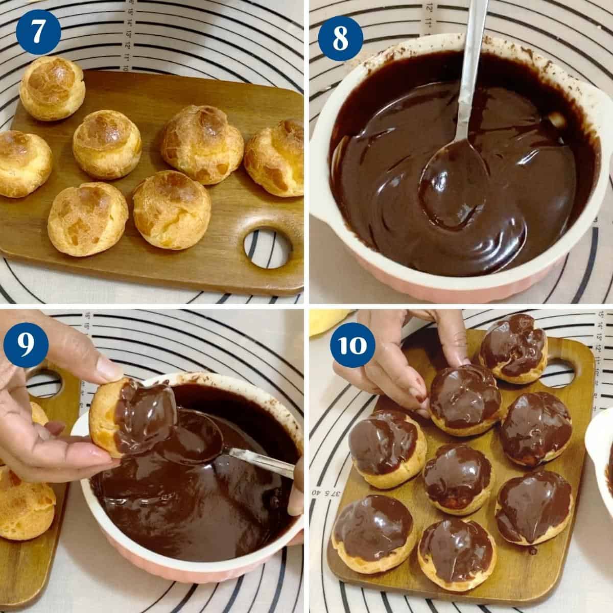 Progress pictures collage glazing the profiteroles with chocolate.