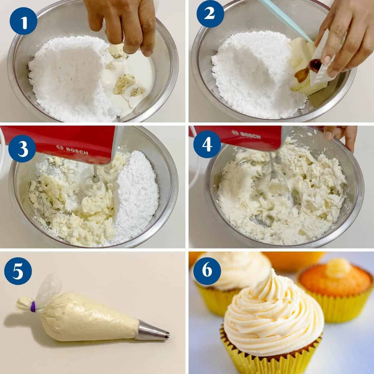 Progress pictures frosting lemon cupcakes with lemon buttercream.