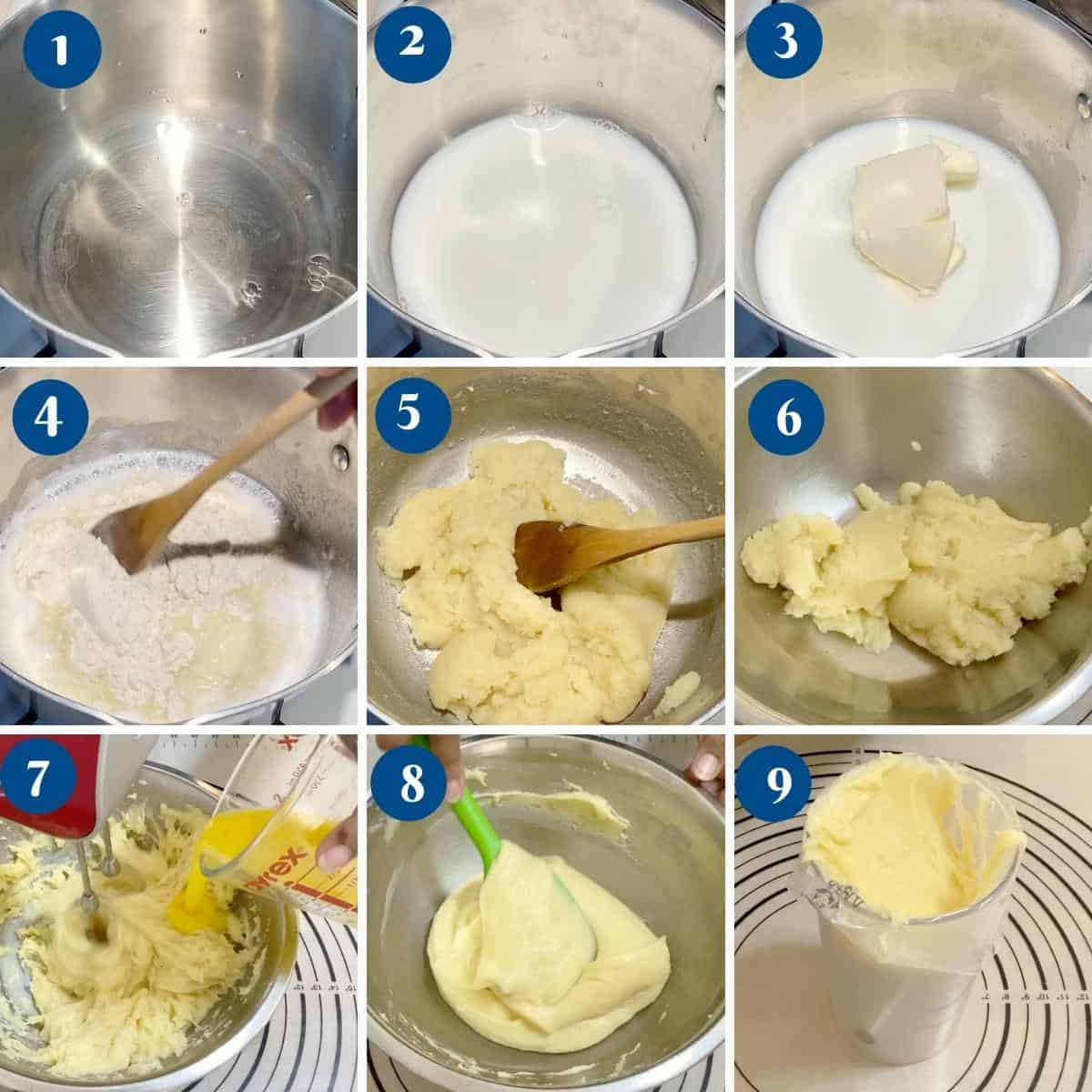 Progress pictures collage making the choux pastry dough.