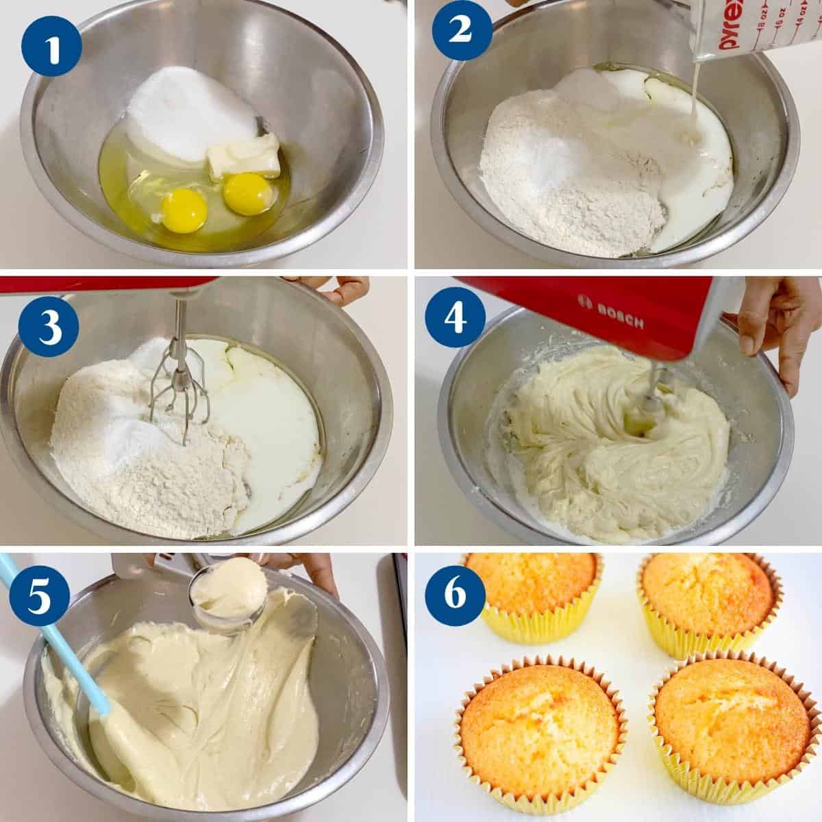 Progress pictures collage making one bowl lemon cupcakes.