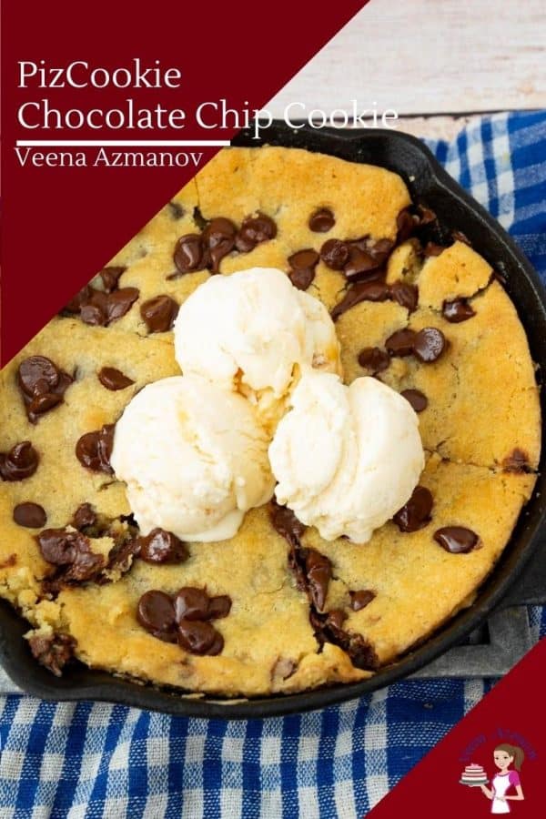 Homemade Giant Pizza Cookie in a skillet with Chocolate Chips