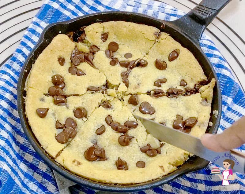 Homemade Giant Pizza Cookies in a skillet with Chocolate Chips