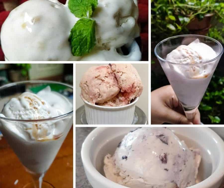 A collage of ice creams in glasses and bowls.