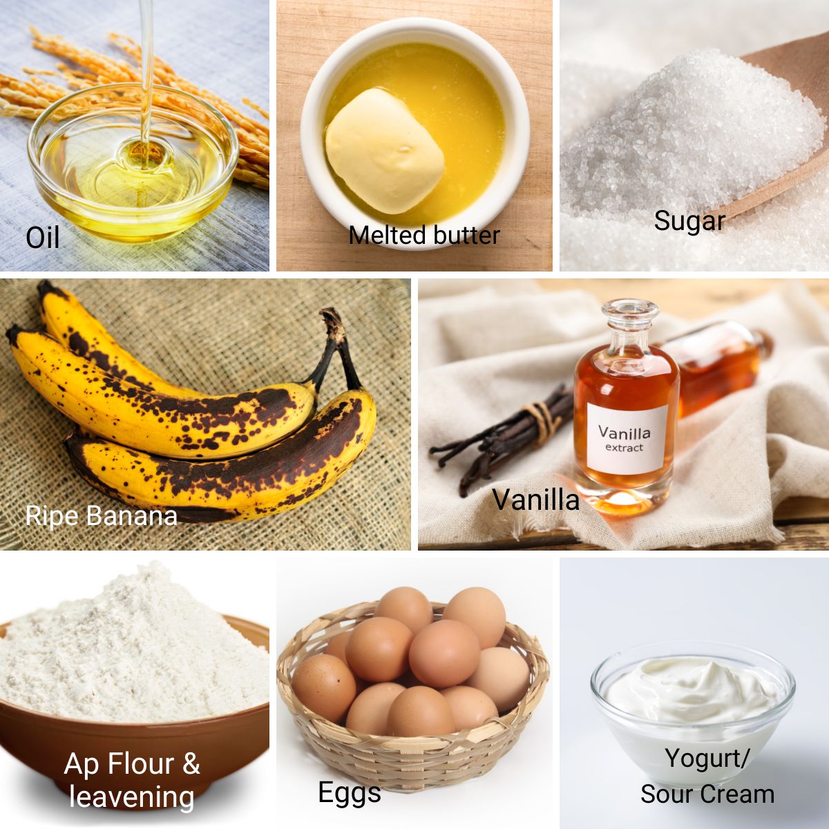 Ingredients collage for Banana Muffins Recipe.