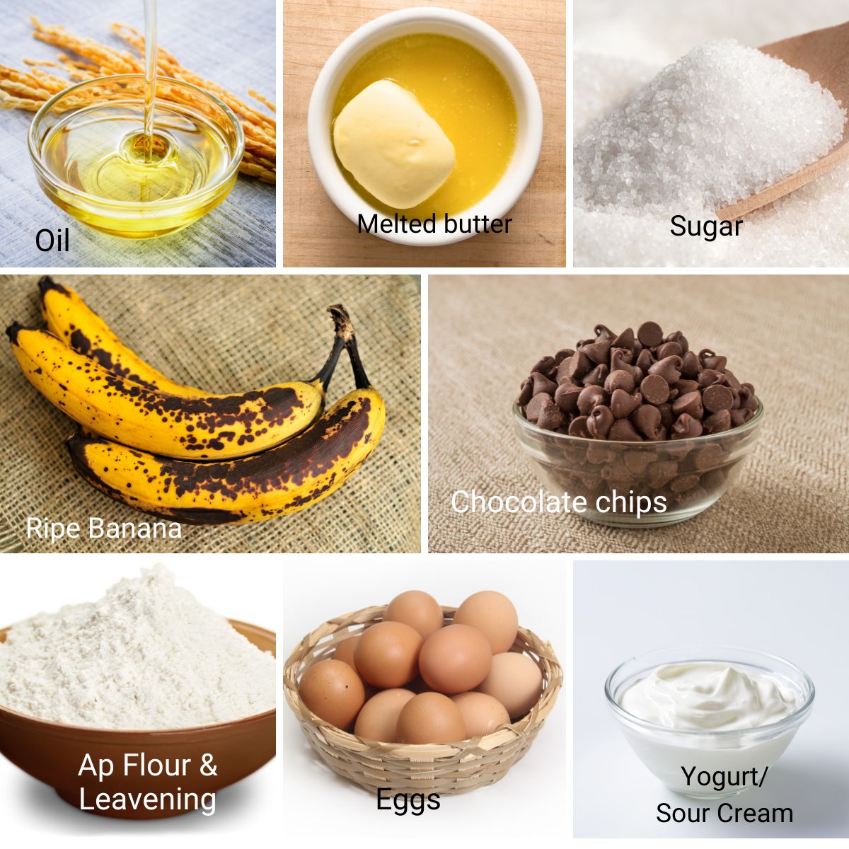Ingredients collage for bakery-style one-bowl banana muffins with chocolate.