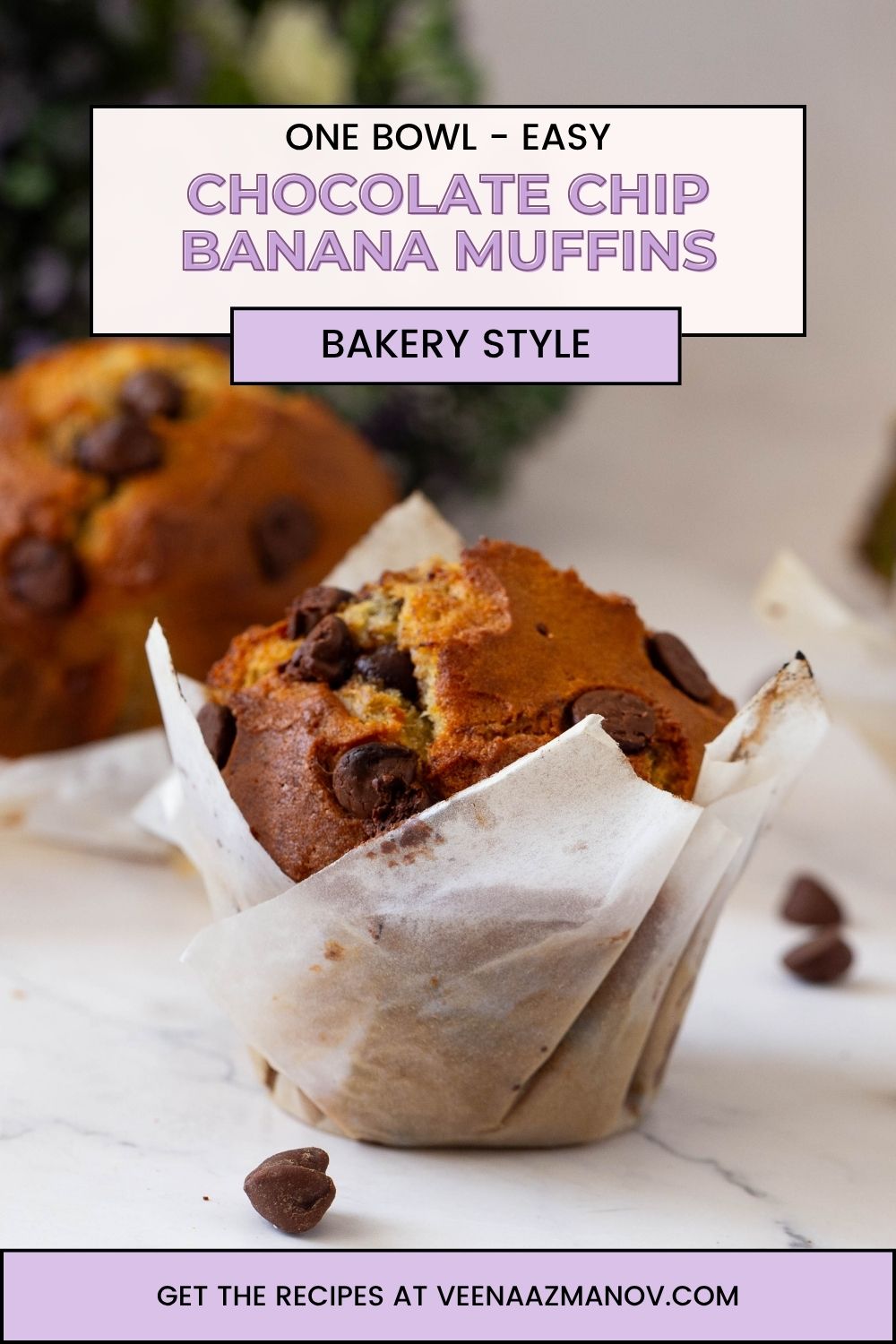 Pinterest image for bakery-style Chocolate Chip Banana Muffins.