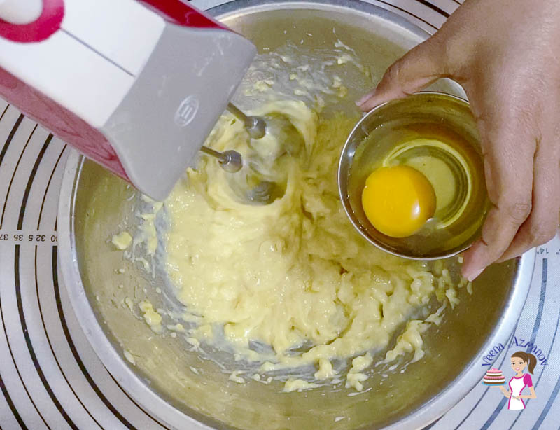 Add the eggs to the mashed banana for muffins