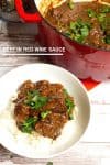 A plate with beef in red wine gravy.