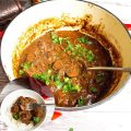 A pot with beef in red wine gravy.