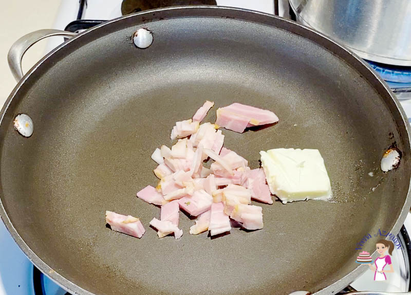 Saute bacon and butter for enchilada pasta