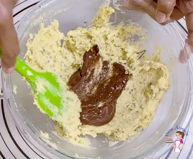 Add melted chocolate to the pistachio cookie dough