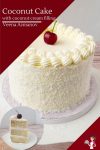 A coconut cake on a cake stand with a cherry on top.