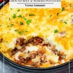 Pinterest image cottage pie made with ground beef with mashed potatoes.
