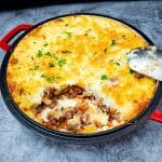 A skillet with cottage pie.