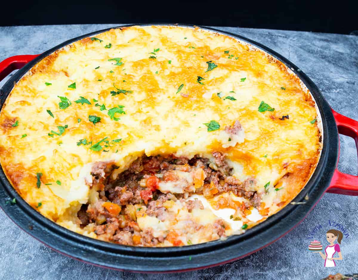 A pan of ground beef with mashed potatoes.