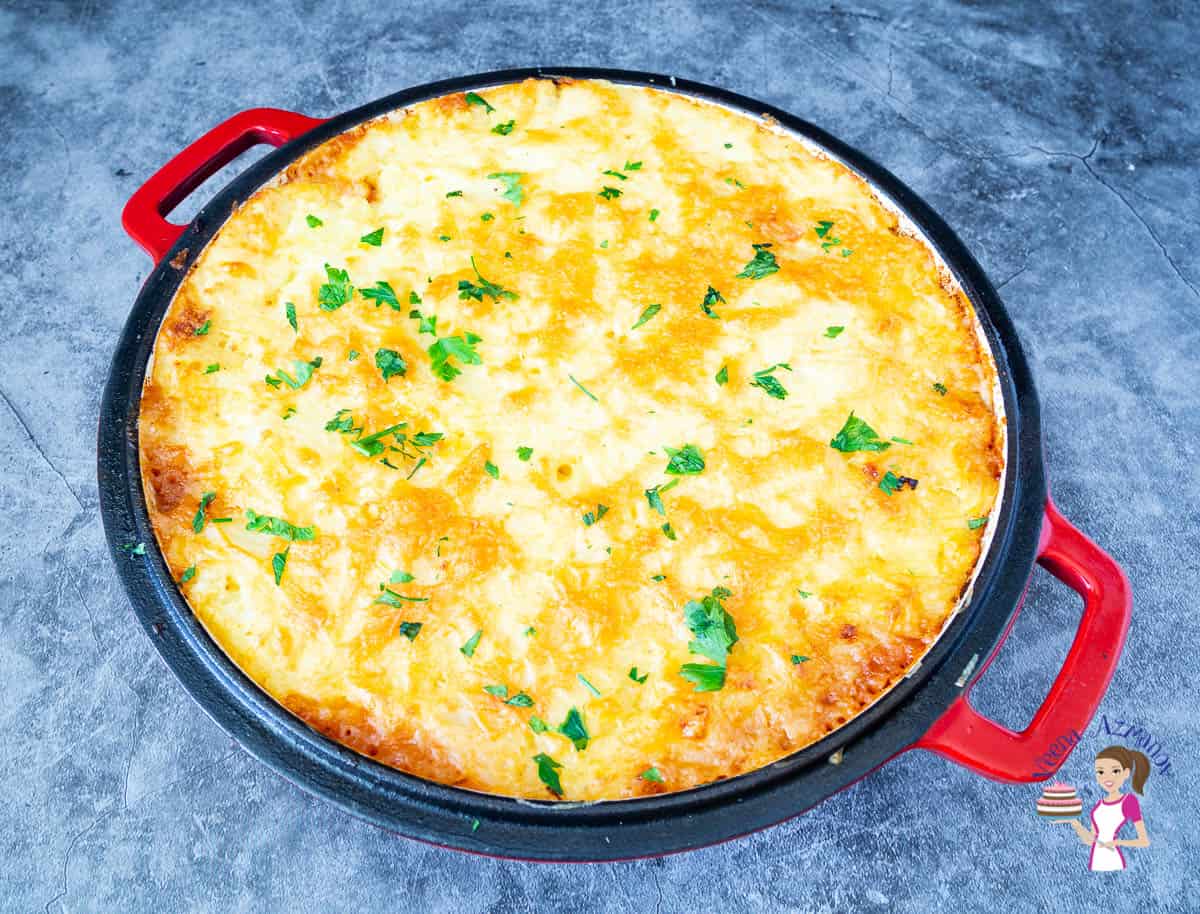 A skillet with cottage pie.