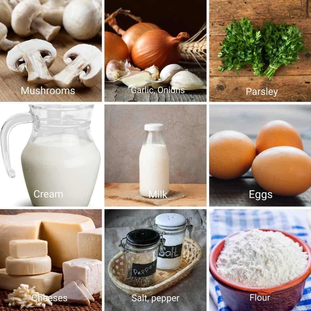 Ingredient shot collage for mushroom quiche crustless.