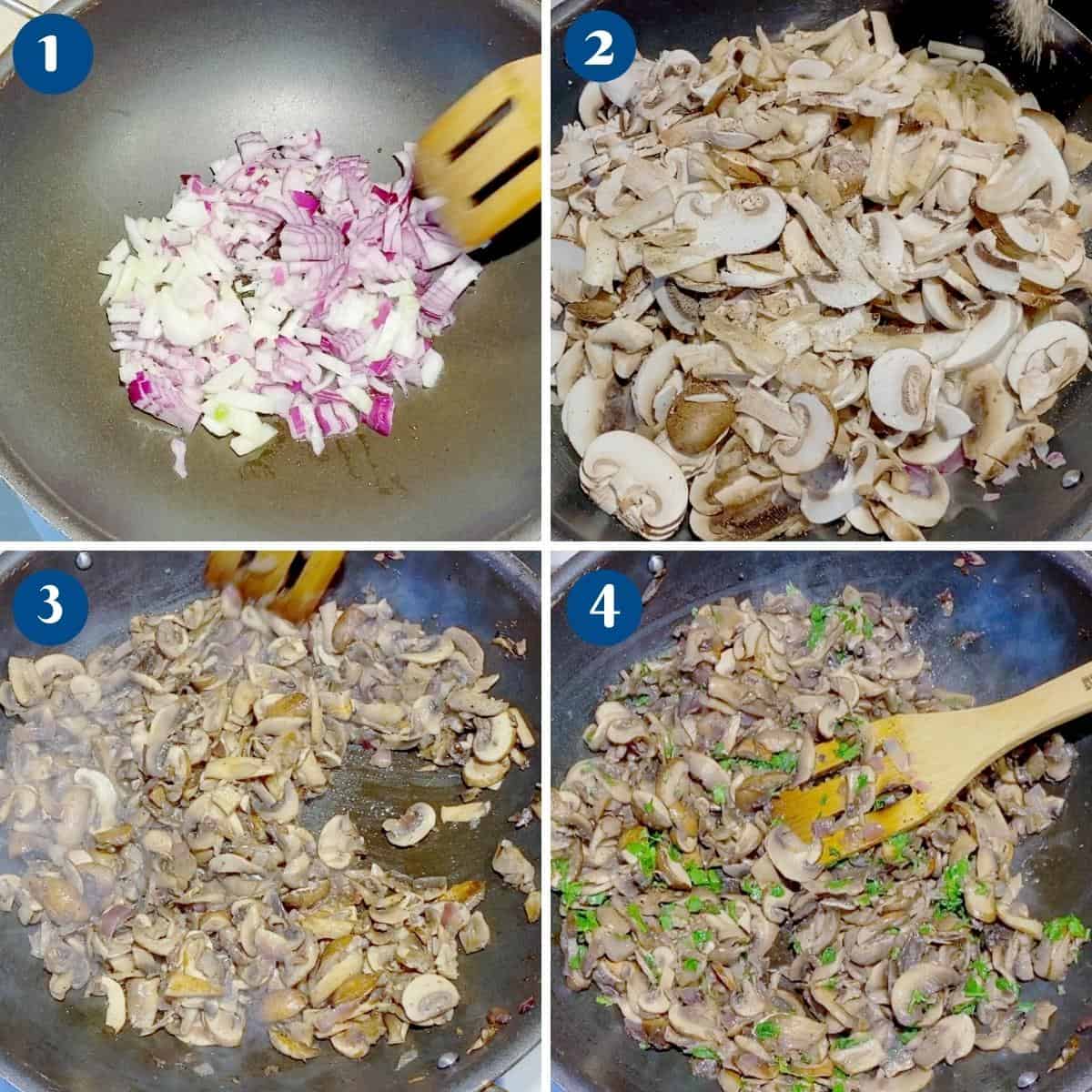 Progress pictures collage mushroom filling for quiche.