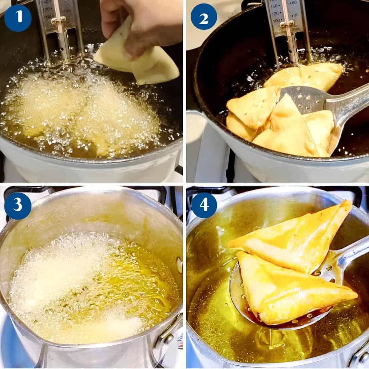 Progress pictures deep frying samosa.
