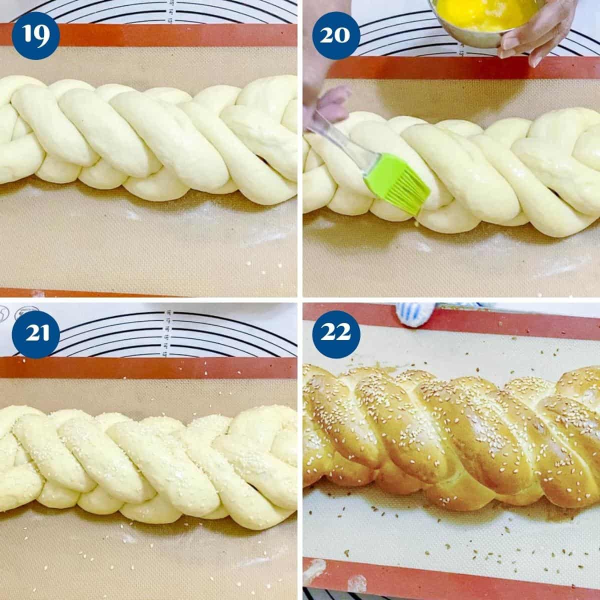 Progress pictures collage for baking 5 strand braided challah.
