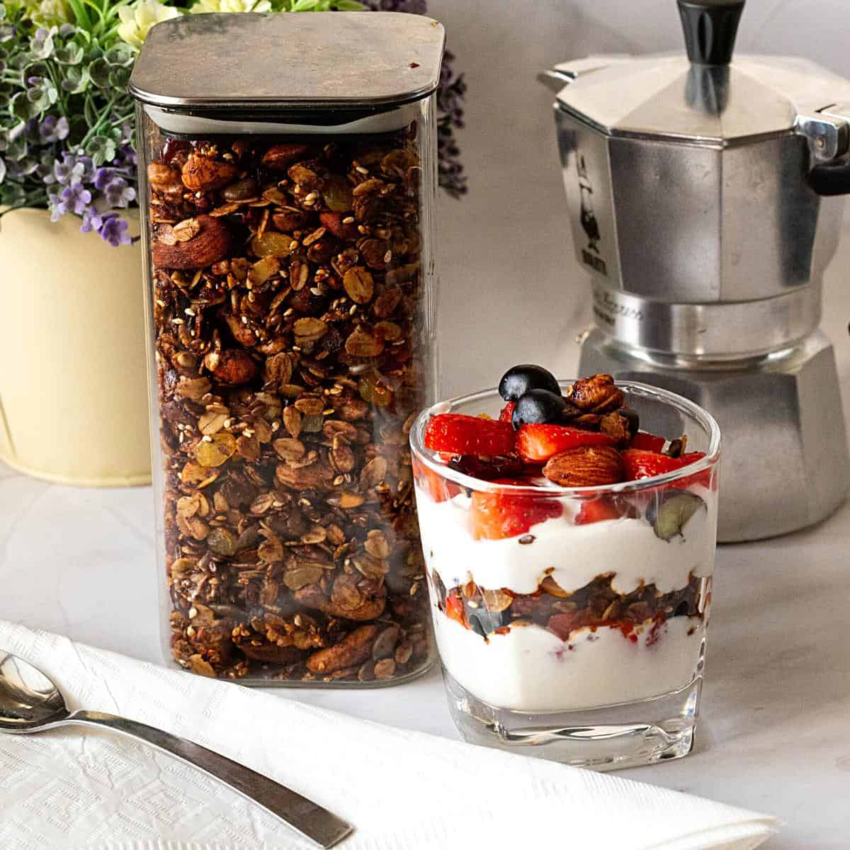 Jars of granola nuts and fruits.