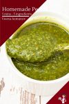 Pesto in a serving dish with a spoon.