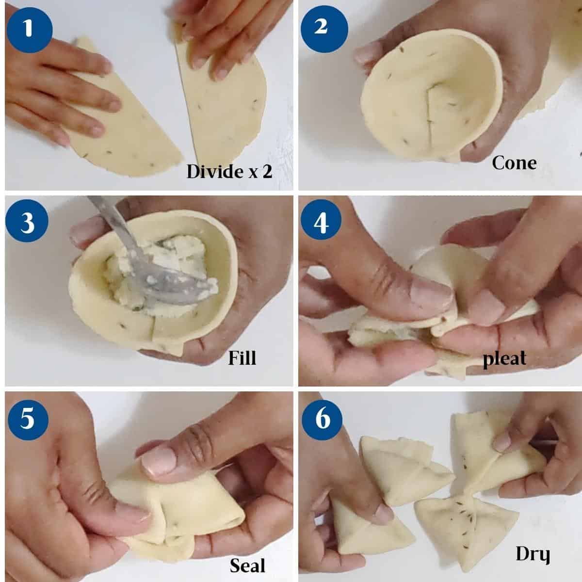 Progress pictures how to fold samosa.