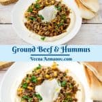 Pinterest image for hummus with ground beef.