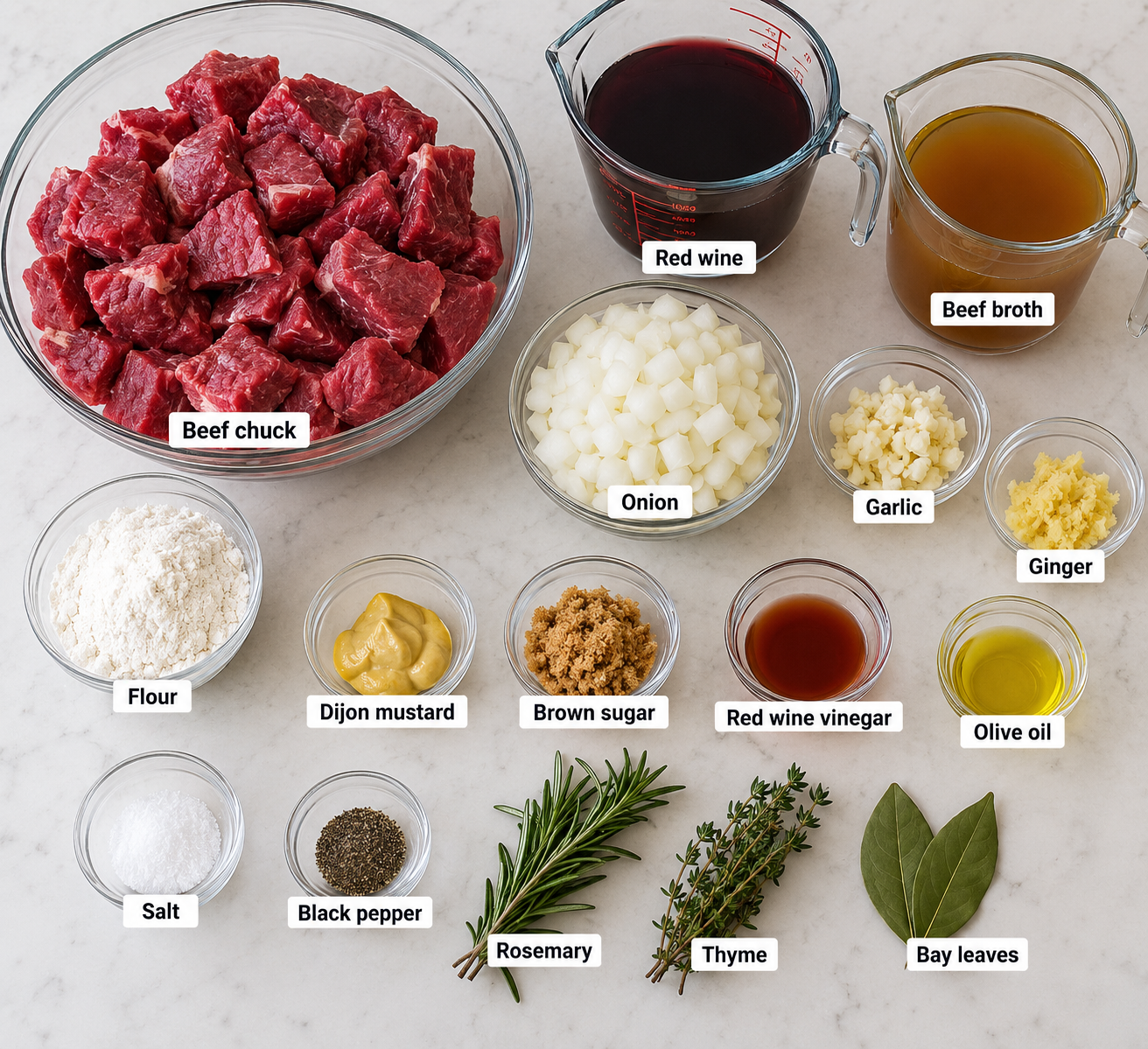 Ingredients collage for making beef in red wine gravy.