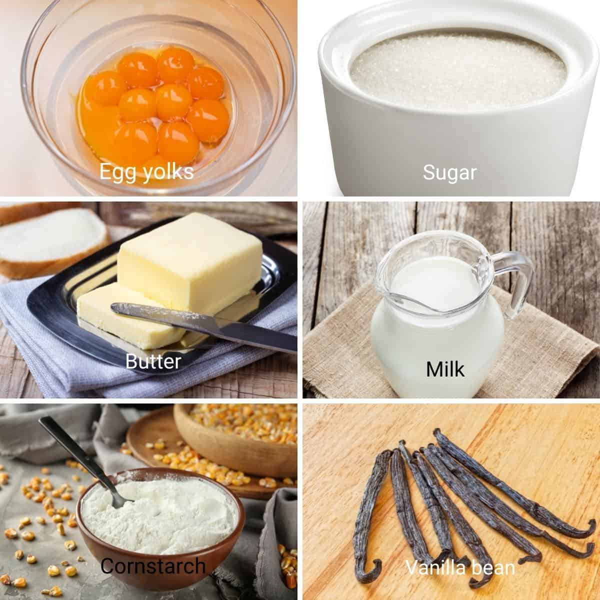 Ingredients for making one pot pastry cream without tempering eggs.