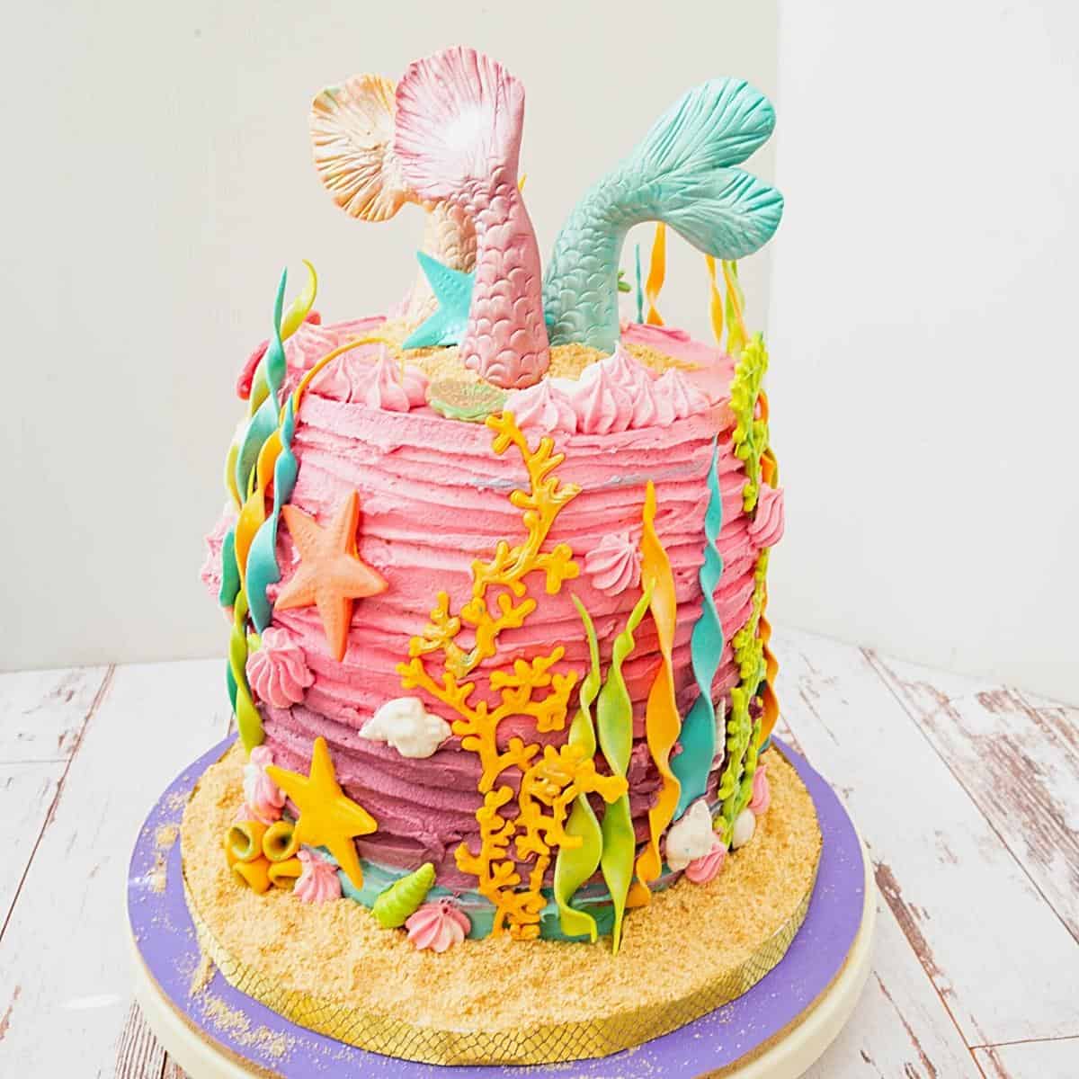 A mermaid theme frosted buttercream cake.