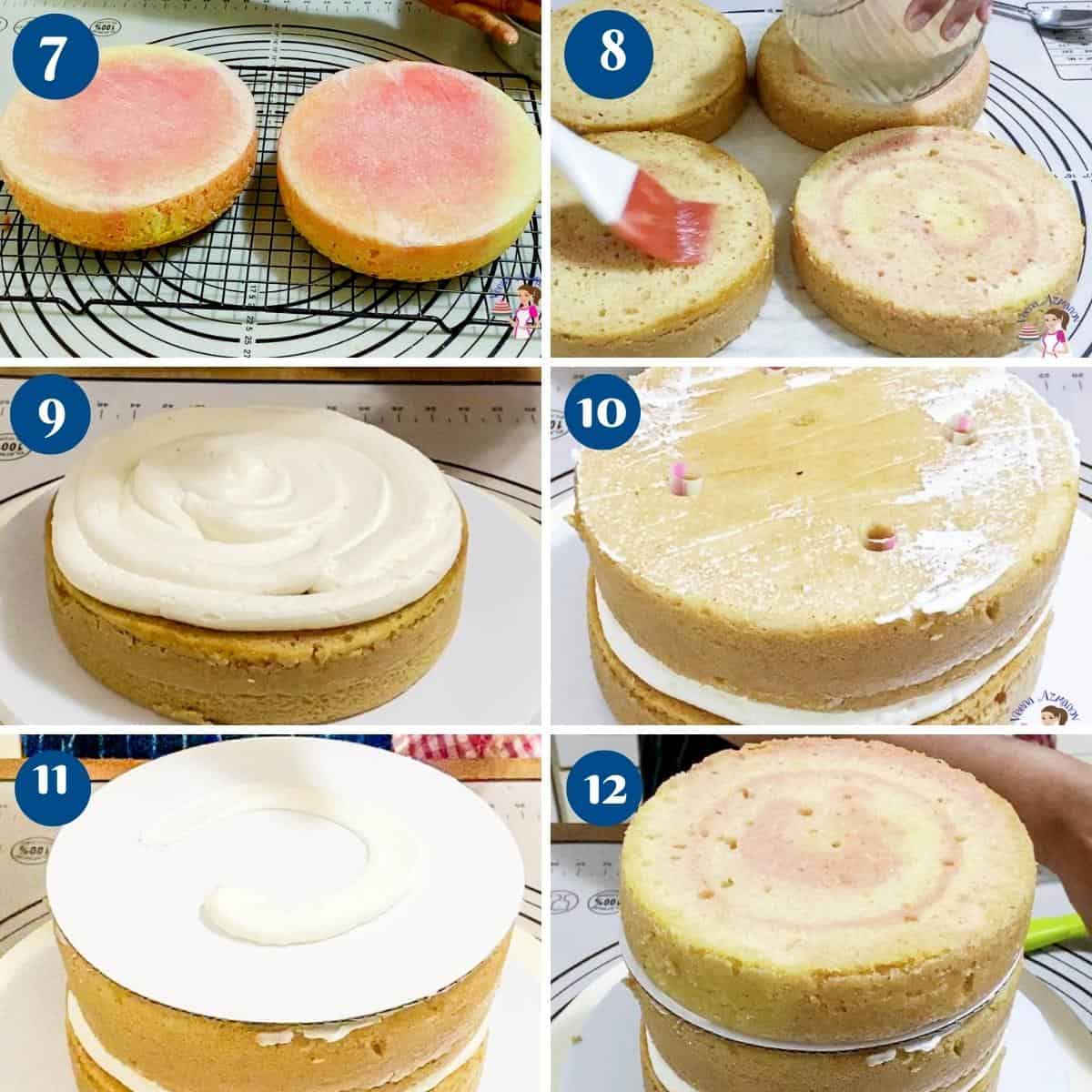 Progress pictures how to tort, level and stack the cake.