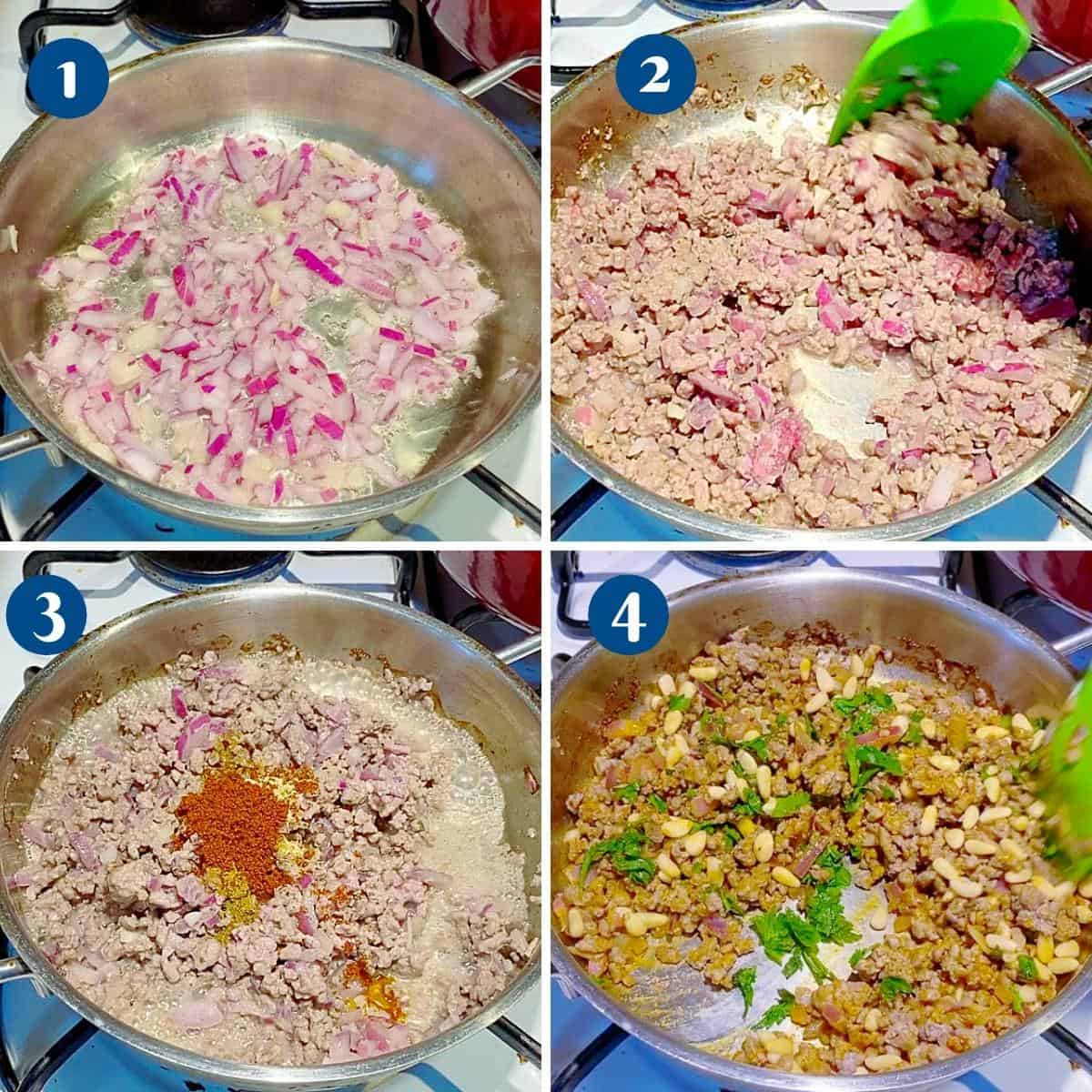 Progress pictures how to make ground meat for hummus.