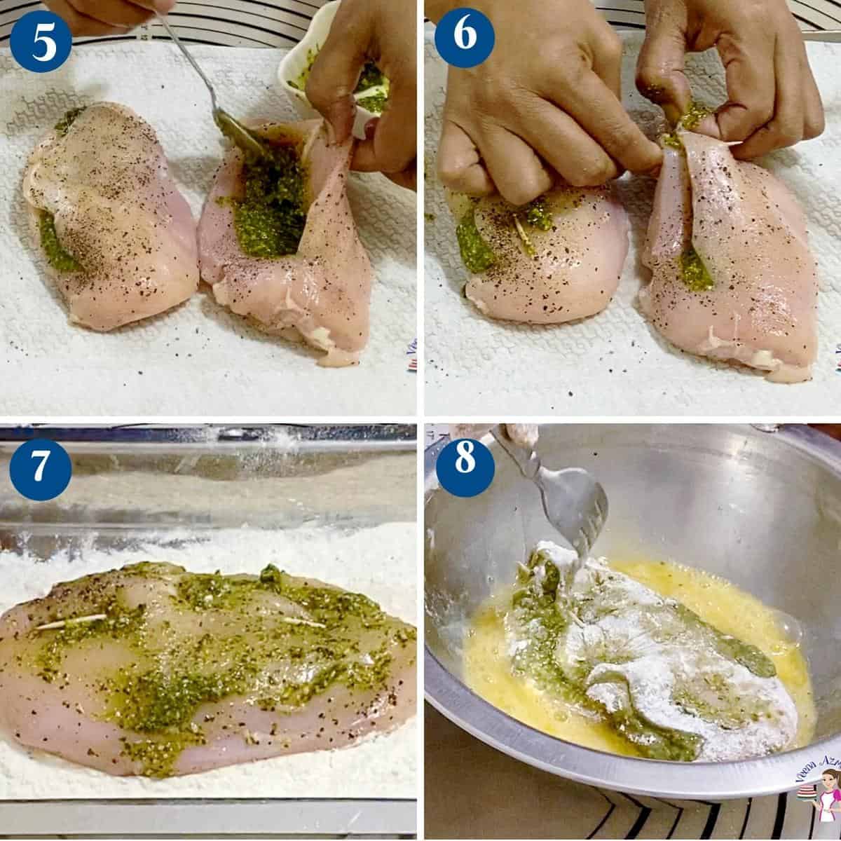 Progress pictures stuffing the chicken breast with pesto.