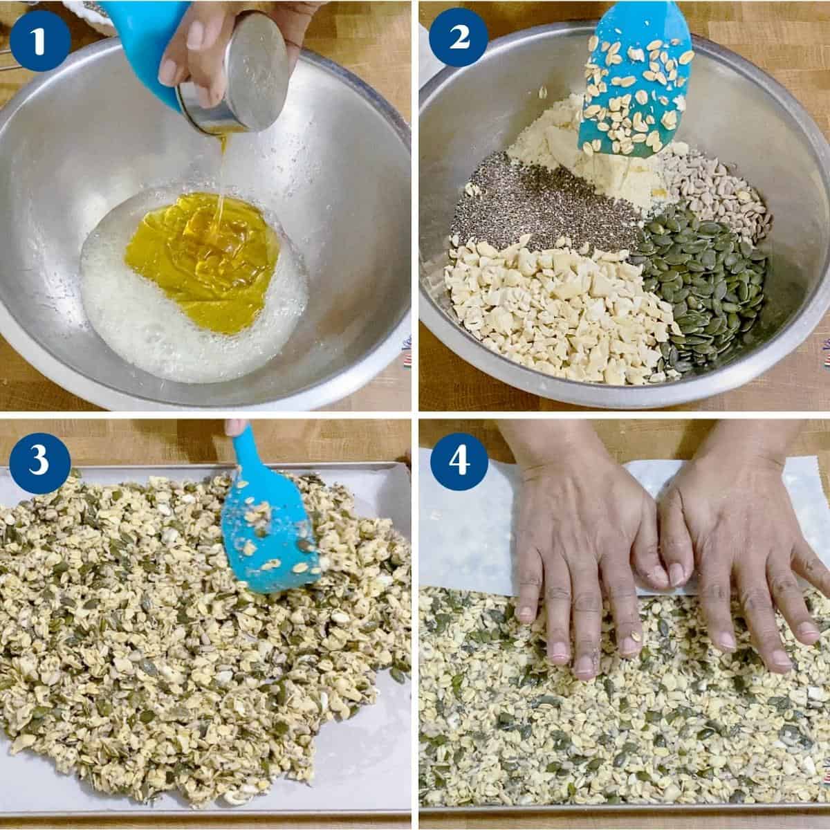 Progress pictures combine granola ingredients.