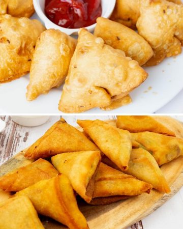 Two types of samosa on the table.