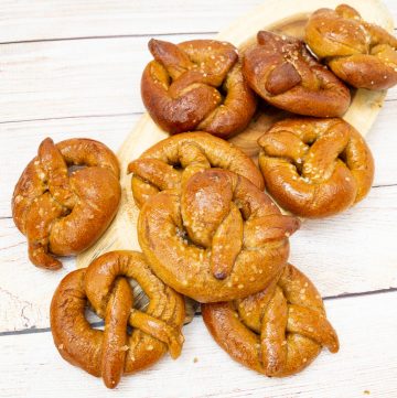 Whole wheat Pretzels on a wooden table.