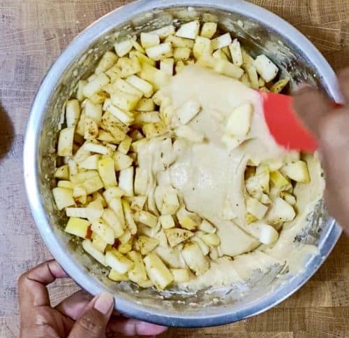 Add the apples to the cake batter
